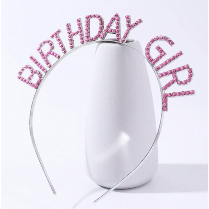 Pembe Renk Kristal Taşlı Parlak Birthday Girl Yazılı Taç 16x17 cm (K0)