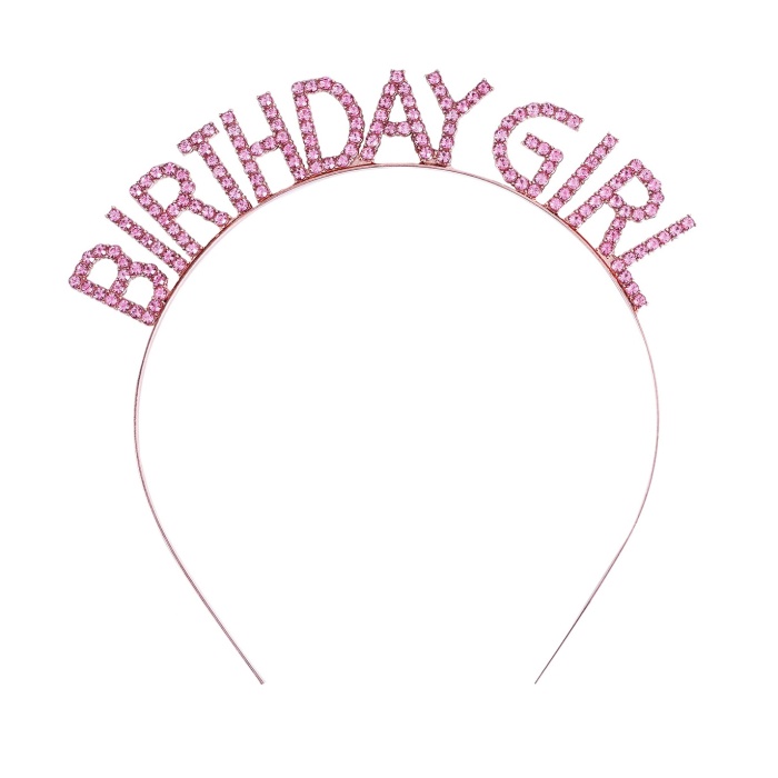 Pembe Renk Kristal Taşlı Parlak Birthday Girl Yazılı Taç 16x17 cm (K0)