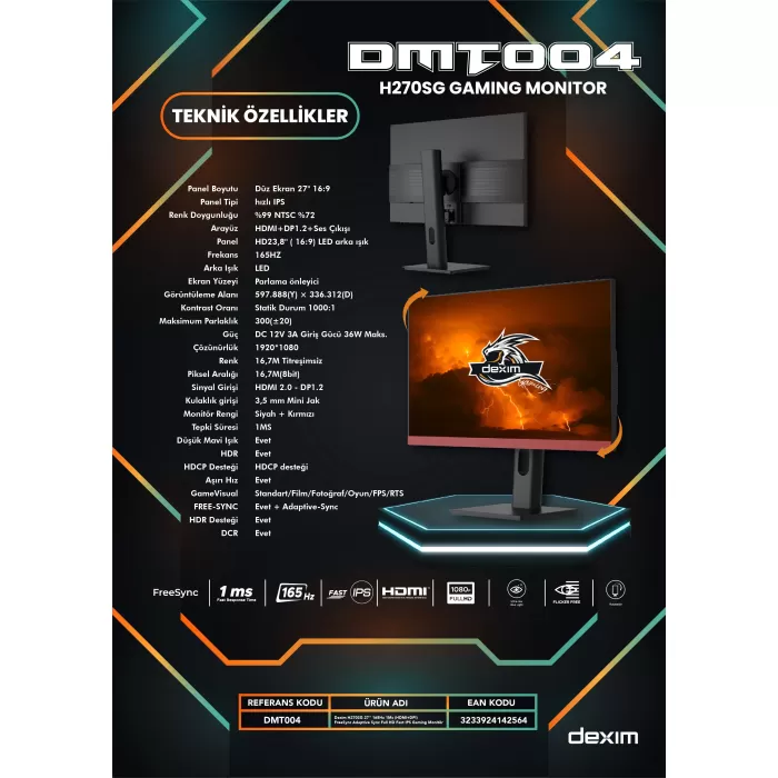 Dexim H270SG 27 165Hz 1ms (Hdmı+Dp) Freesync Adaptive Sync Full Hd Fast IPS Gaming Monitör - DMT004