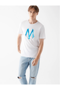 Beyaz Renk Mavi Logo Baskılı Tişört