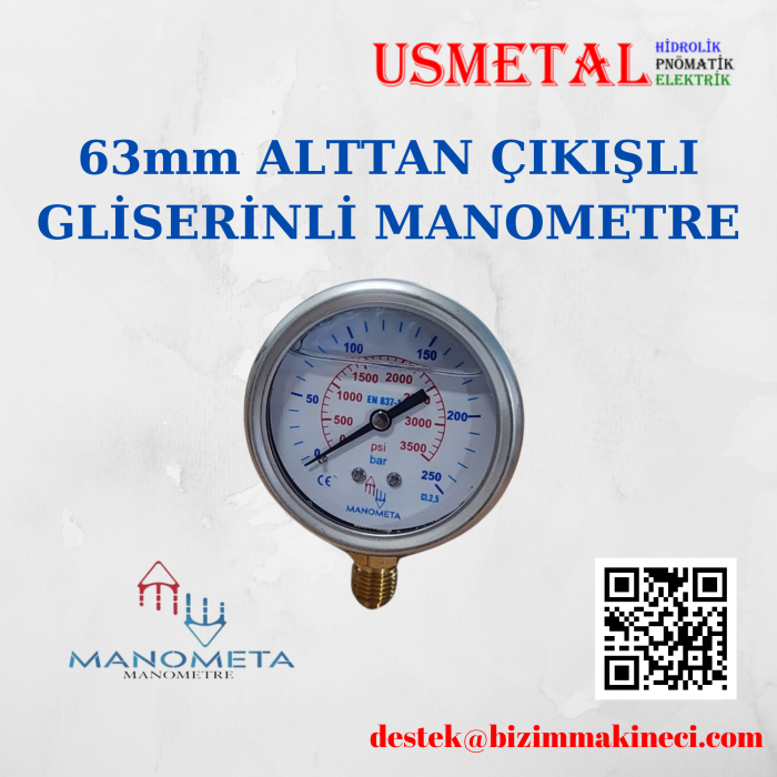 63X16 - GLİSERİNLİ MANOMETRE-ALT BAĞ. -PASLANMAZ