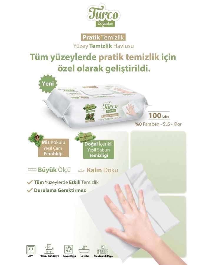 Turco Doğadan Pratik Yüzey Temizlik Havlusu 100 Yaprak Yeşil Sabun/Yeşil Çam (6 Lı Set) 600 Yaprak