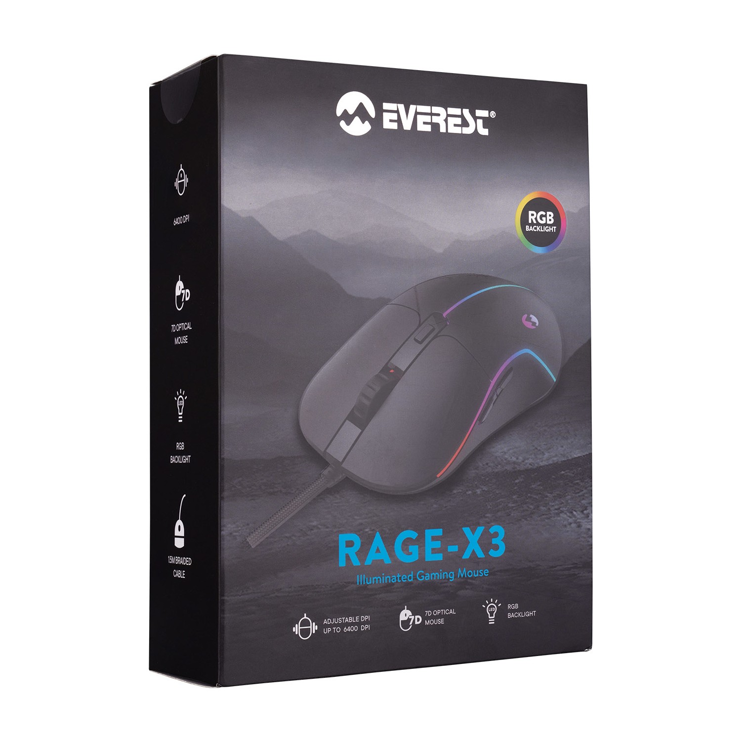 Everest Rage-X3 USB Siyah 7 Tuşlu Ledli 6400 Dpi Oyuncu Mouse