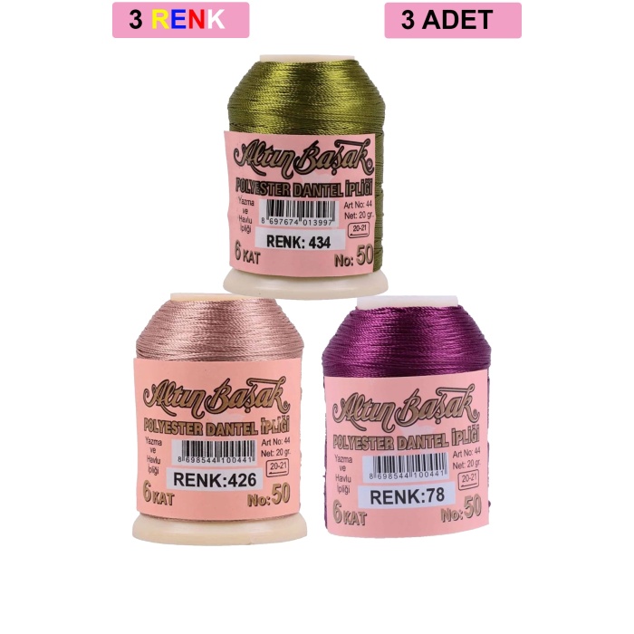 3 Adet Altınbaşak Oya ve Dantel İpi 20 gr - Royaleks - No: 426 - 078 - 434