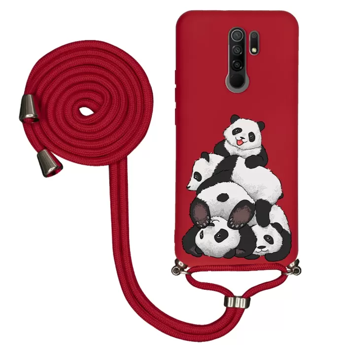 Xiaomi Redmi 9 İpli Lansman Kılıf - Cute Pandas