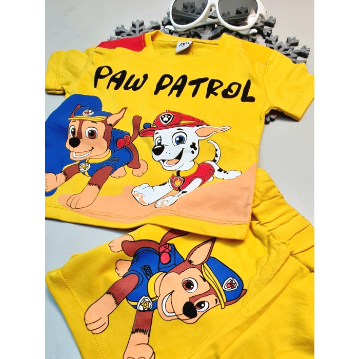 Erkek Bebek Paw Patrol Yazılı Kısa Kol Şort Sarı Takım