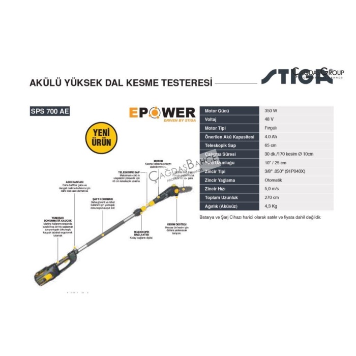 Stiga SPS700 AE Akülü Yüksek Dal Budama Makinesi