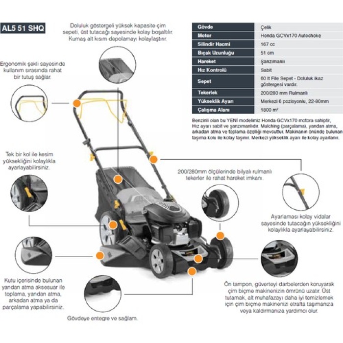 Alpina AL5 51SHQ Benzinli Çim Biçme Makinesi 51cm Şanzımanlı