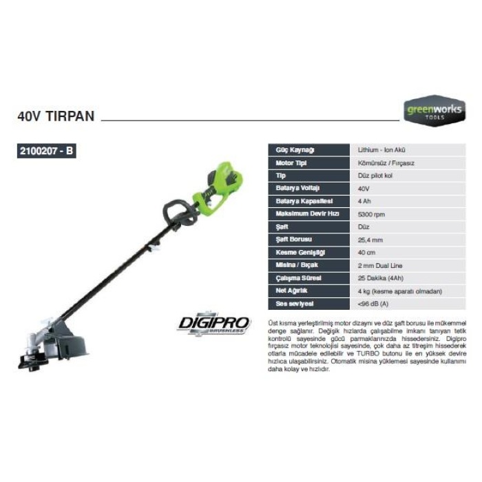 Greenworks 2100207-B 40 V Akülü Tırpan - Akü ve Şarj Aleti Dahil