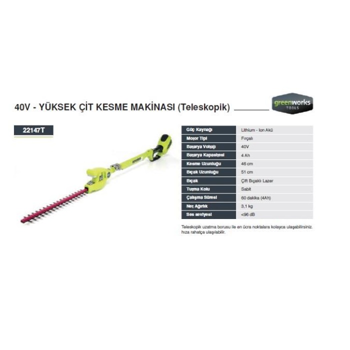 Greenworks 22147T 40V Teleskobik Yüksek Çit Kesme Makinası