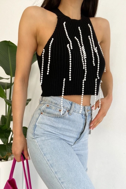 Kadın Siyah Halter Yaka Boncuklu Triko Crop Bluz