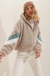 Kadın Kapüşonlu Fermuarlı Kolları Renk Bloklu Oversize Peluş Sweatshirt