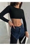 Kadın Basic Fitilli Crop Triko Siyah Bluz