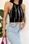 Kadın Siyah Halter Yaka Boncuklu Triko Crop Bluz