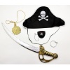 Kaptan Korsan Şapkası Kılıcı Göz Bandı Küpe ve Korsan Madalyonu 5 Parçalık Kostüm Seti