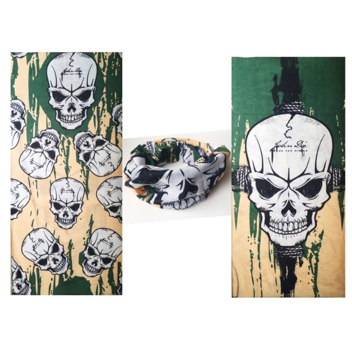 Haki Yeşil Renk Üzeri Likralı Kuru Kafa Kafatası Baskılı Baf Buff Bandana 25x48 cm