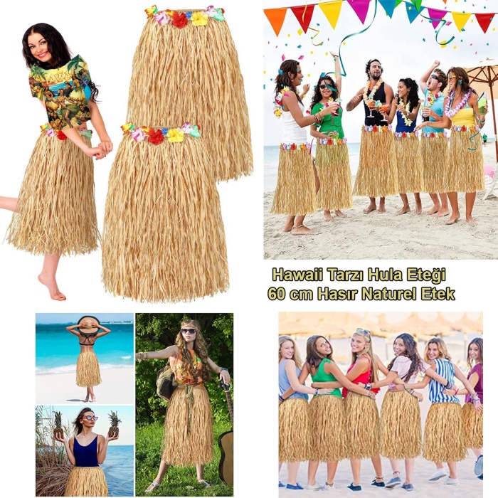 Hawaii Tarzı Hula Eteği – 60 cm Hasır Naturel Etek