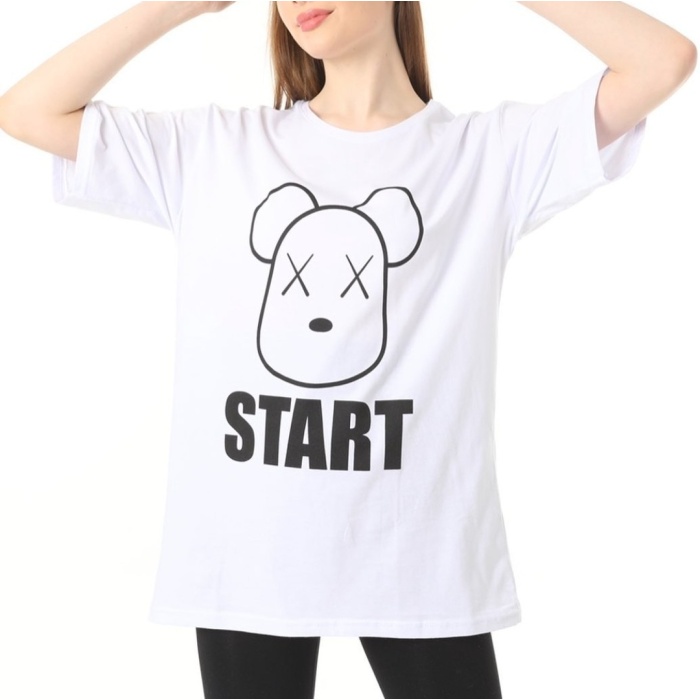 Beyaz Start Baskılı Oversize  Tshirt