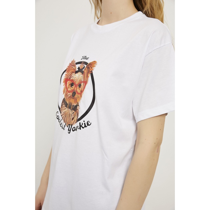 Gözlüklü Köpek Baskılı TShirt Beyaz