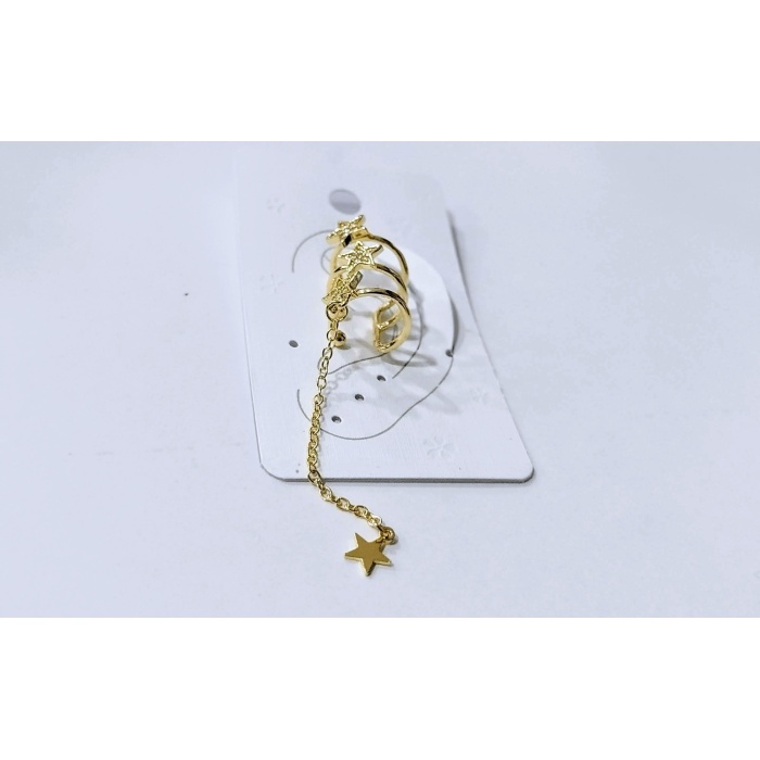 Earcuff Çelik Zirkon Taşlı Yıldız Sallantılı 3 Yıldız Altın Renk Küpe