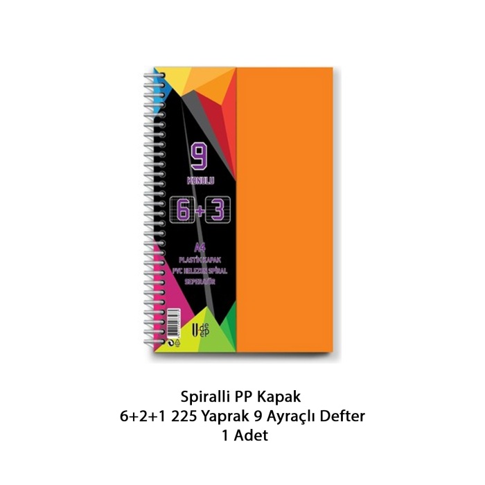 Spiralli PP Kapak 6+2+1 225 Yaprak 9 Ayraçlı Defter