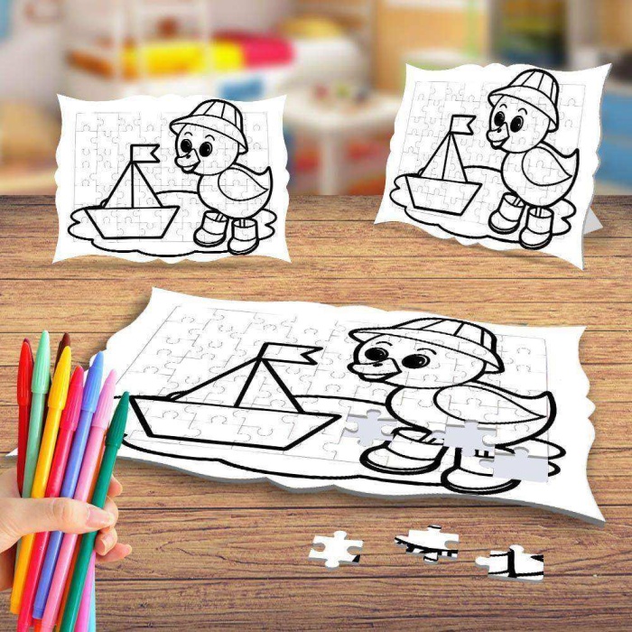 Kağıt Gemi ve Ördek Boyama Puzzle Tablo Çocuk Eğitici Yapboz