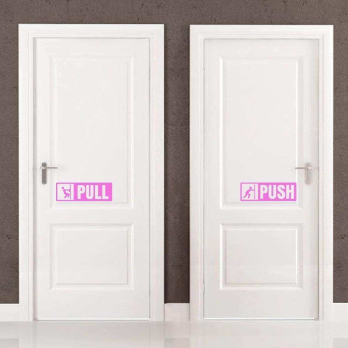 Pull-Push Yazılı Dekoratif Kapı Sticker, Çıkartma Pembe