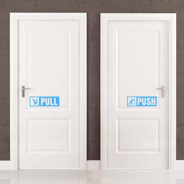 Pull-Push Yazılı Dekoratif Kapı Sticker, Çıkartma Mavi