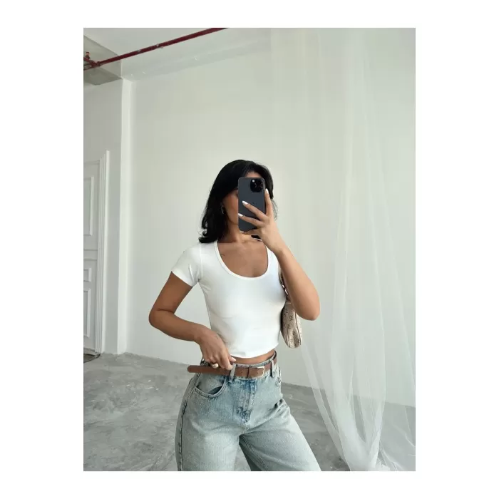 Kadın Kare Yaka Modal Kısa Kol Crop BEYAZ 0232