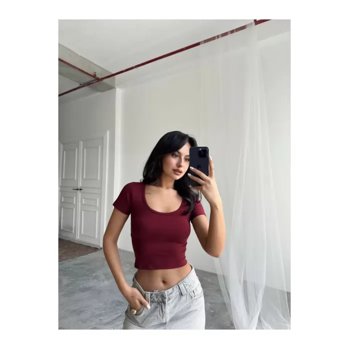 Kadın Kare Yaka Modal Kısa Kol Crop BORDO 0232
