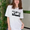 Unisex Bisiklet Yaka Baskılı Oversize T-Shirt - Beyaz