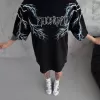 Unisex Bisiklet Yaka Baskılı Oversize T-Shirt - Siyah