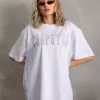 Unisex Taş Desenli Oversize T-Shirt - Beyaz