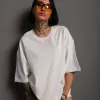 24/1 Düz A Kalite Oversize T-shirt - Beyaz