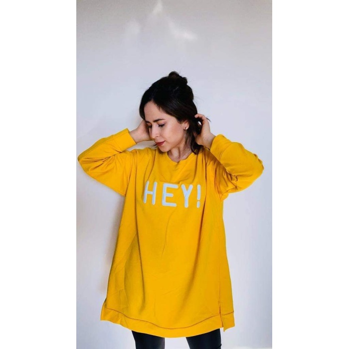 Hey Yazılı Sarı Oversize Kadın Sweatshirt