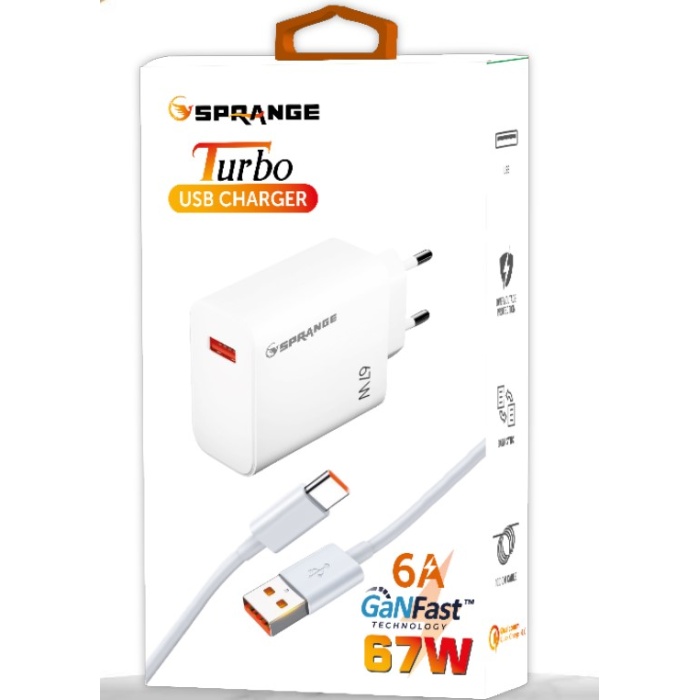 Sprange PT-X67 67W 6A Ultra Turbo Fast Hızlı Qualcomm Quick Charge 4.0 Type-C Kablolu Şarj Seti