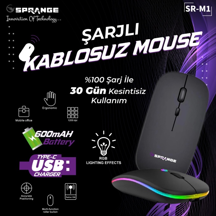 Concord SR-M1 Wireless Şarjlı Kablosuz Mouse Bluetooth TYPE-C 500mAh Led Light 800/1200/1600dpi