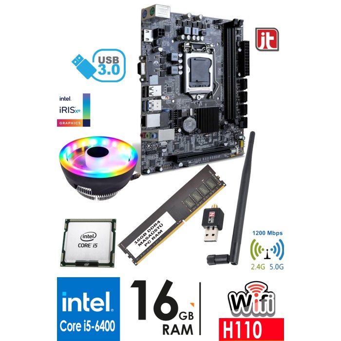 J-TECH B64 i5-6400 3.30GHz 16GB DDR4 3200MHZ RAM H110 Anakart 1200Mbps WiFi CPU Fan Bundle Anakart