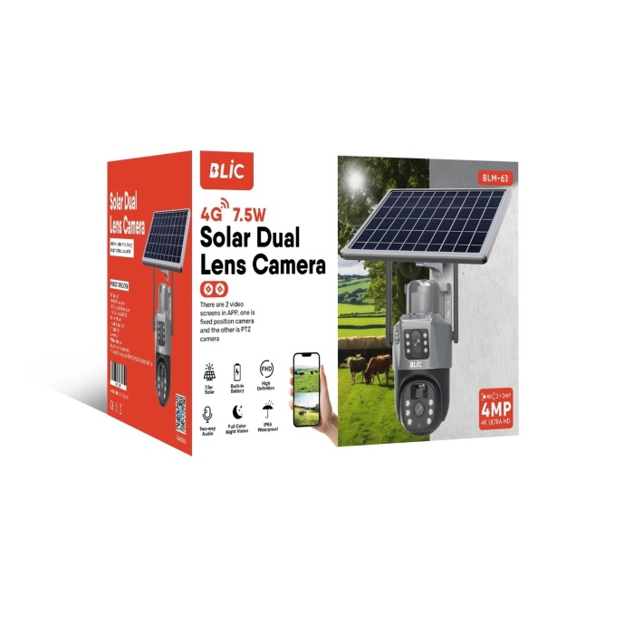 BLİC BLM-63 4MP 4K 4G Sim Kartlı Güneş Panel Dual Lens Solar 10800mAH Alarmlı Mikrofon 360 PTZ Güvenlik Kamera