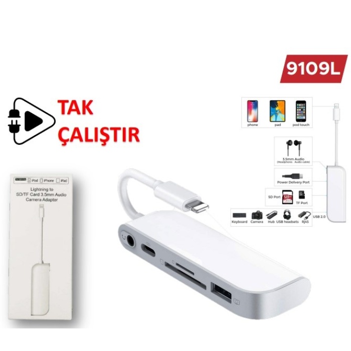 Concord 9109L Lightning TO 3.5 mm Aux SD TF USB 2.0 OTG Dönüştürücü