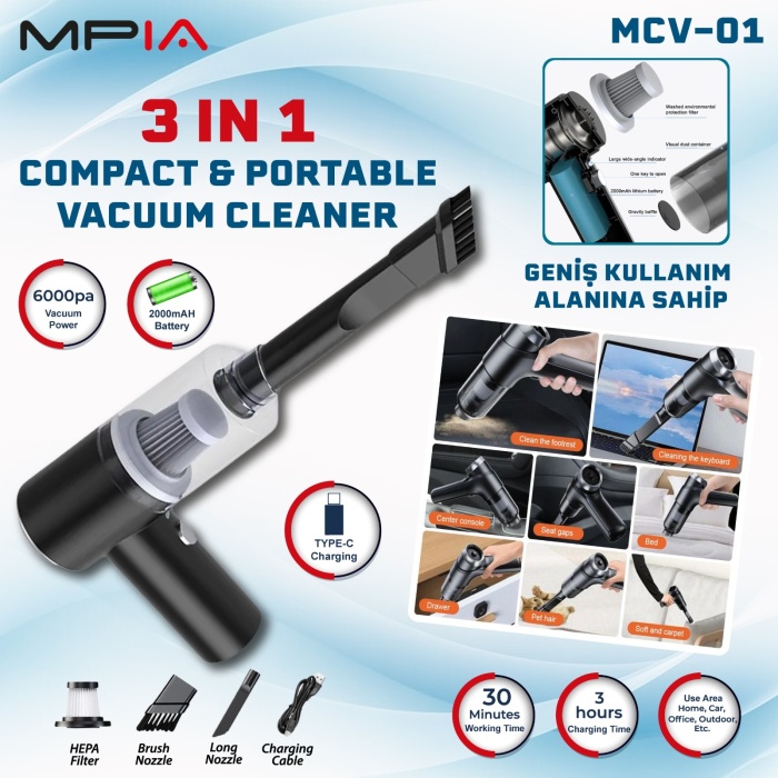 MPIA MCV-01 Kablosuz Araç Portable Taşınabilir Elektrikli Vacuum Süpürge