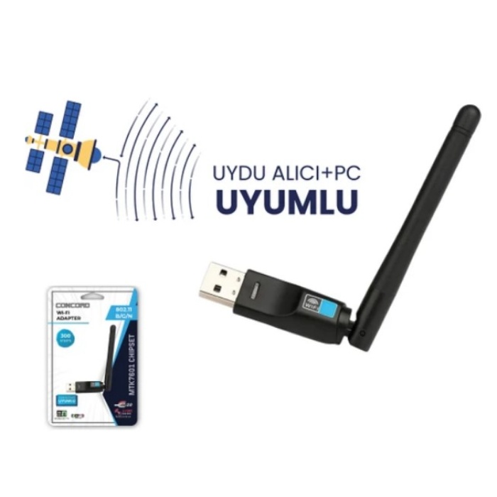 Concord W-7 300MBPS USB Antenli Uydu Alıcılı+ Pc Wifi Kablosuz Alıcı Adaptör MTK7601 Chipset WLAN