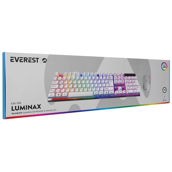 Everest KM-198 Luminax Beyaz Gökkuşağı Aydınlatmalı Q Gaming Oyuncu Klavye + Mouse Set