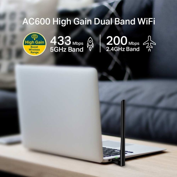 Tp-Link Archer T2U Plus 600 Mbps Antenli Yüksek Verimli Kablosuz USB Adaptör AC600