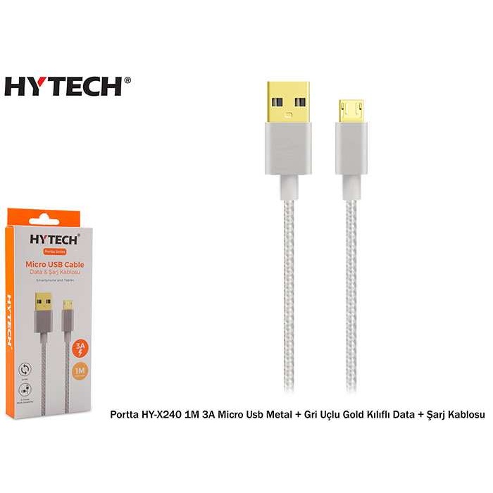 Hytech Portta HY-X240 1M 3A Micro Usb Kılıflı Gri Data + Şarj Kablosu