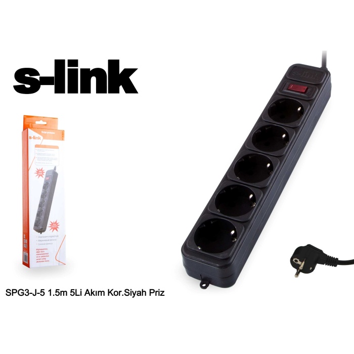 S-LINK SPG3-J-5 5li Siyah 1.5mt 306Joule Akım Koruyuculu Priz