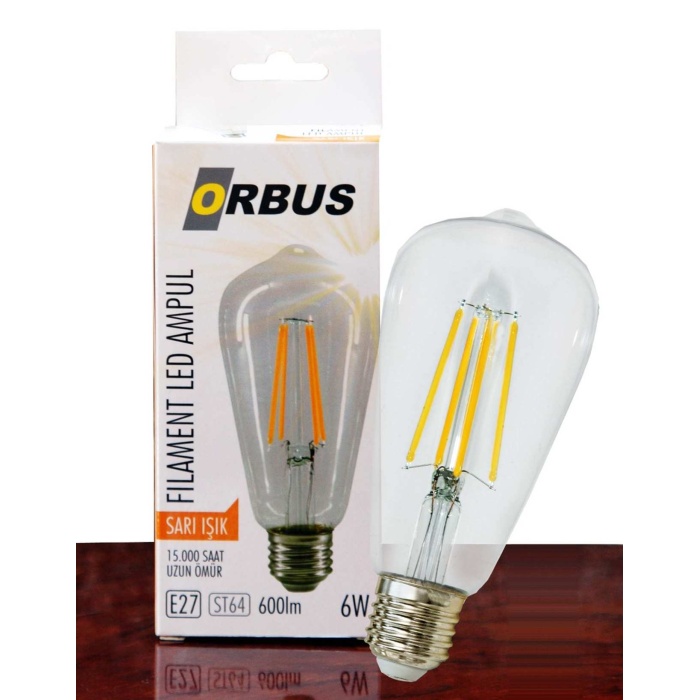 Orbus ORB-STM6W ST64 6W E27 Beyaz Cam Sarı Işık Dekoratif 540 Lm Led Ampul Ra80 220-240V-50Hz