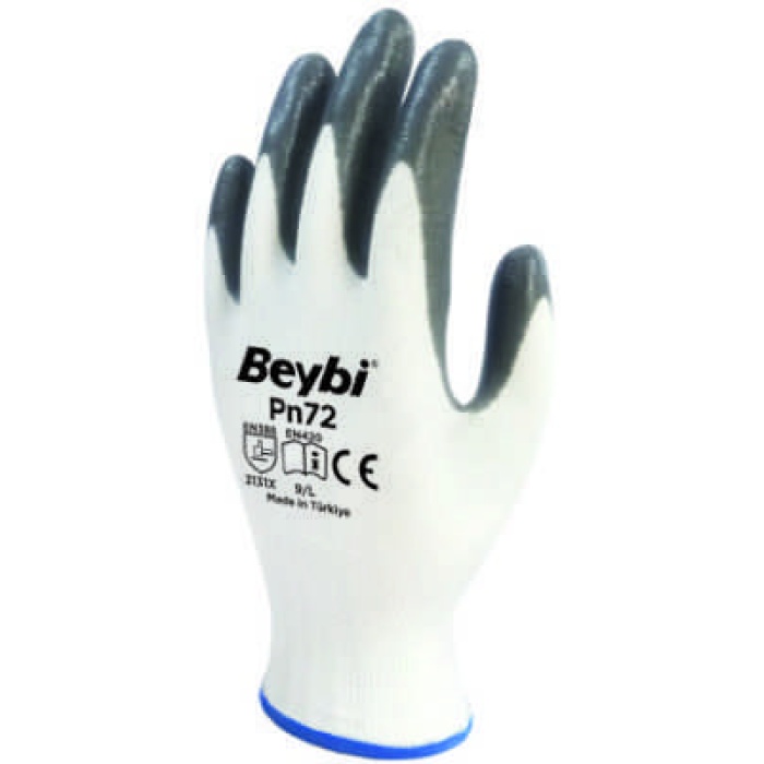 Beybi Nitril Poly PN72 9 Beden Beyaz Gri Eldiven 12li Paket