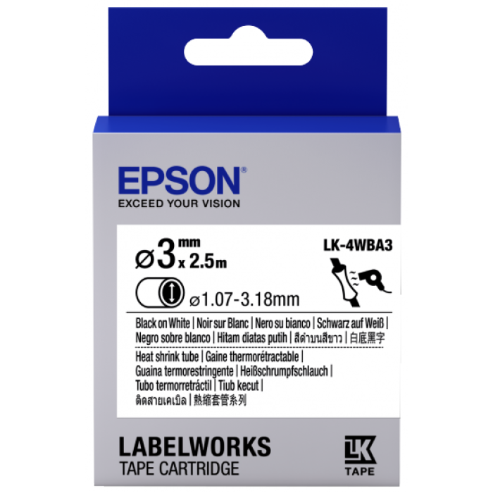 Epson LK-4WBA3 Isıyla Daralan Siyah Üzeri Beyaz 3MM 2,5Metre Etiket