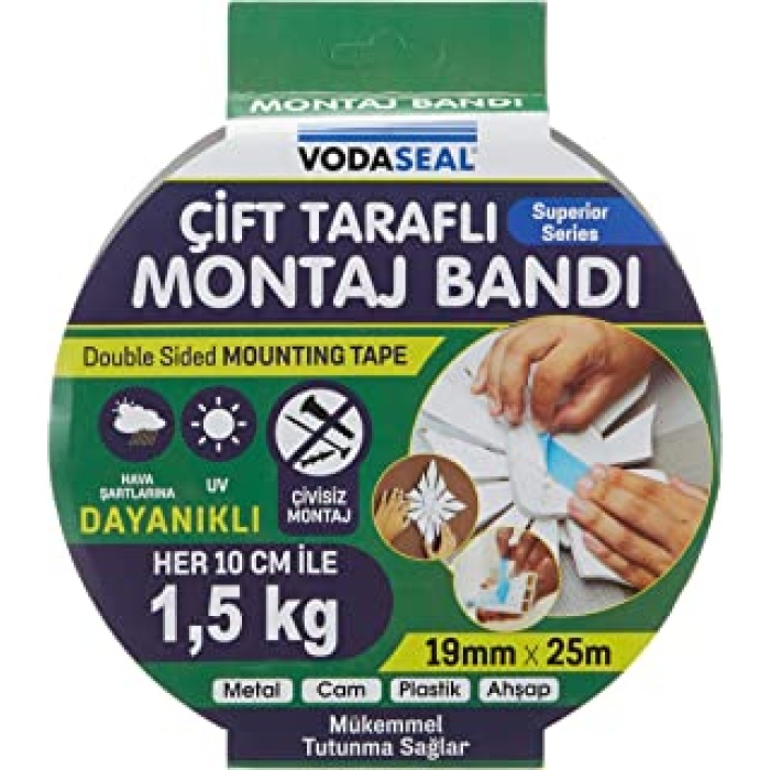 Vodaseal Çift Taraflı Köpük Montoj Bantı 19MMX25mt (Metal-Cam-Plastik-Ahşsap)